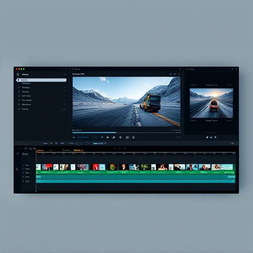 Interface de software de ediäão de vídeo com timeline e efeitos visuais.